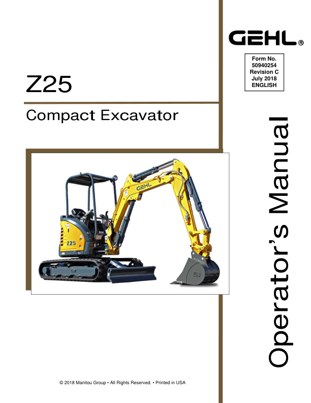 Gehl Z25, Mustang 250Z Compact Excavator Repair Service Manual Workshop Guide