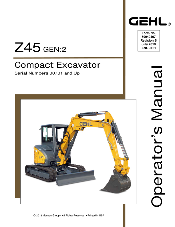 Gehl Z45 Gen 2, Mustang 450Z Nxt 2 Compact Excavator Repair Service Manual Workshop Guide