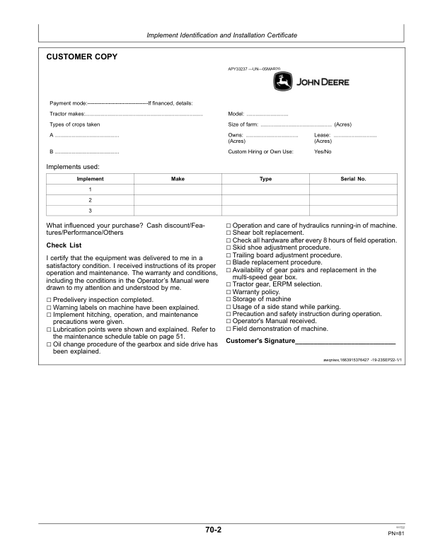 John Deere RT8010, RT8012, RT8018, RT8020, RT8022 Rotary Tiller (India) Operator’s Manual (5NSOM30001) Workshop Guide