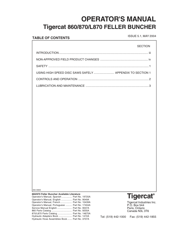 Tigercat 860, 870, L870 Feller Buncher Repair Service Manual