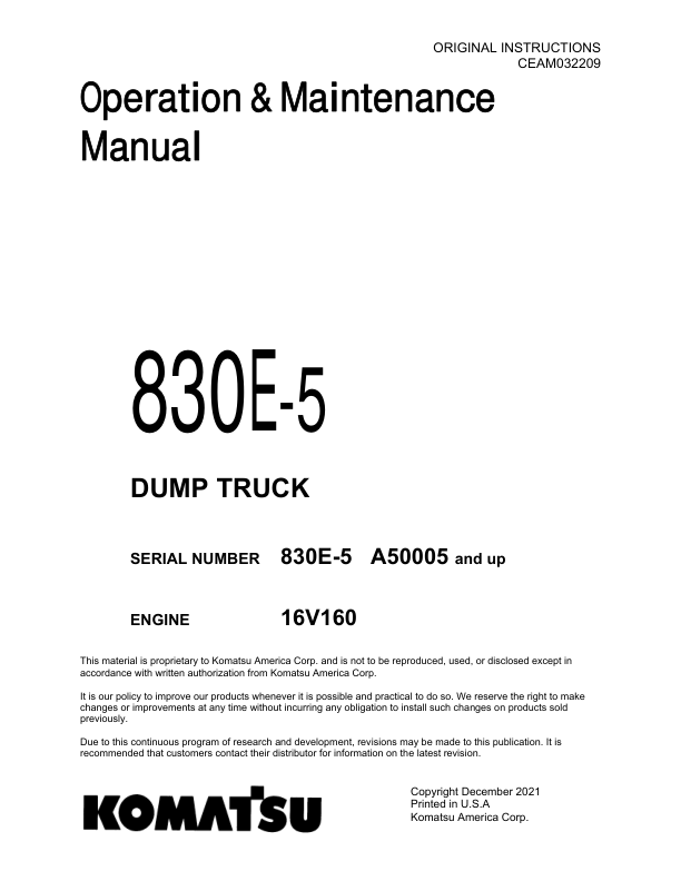 Komatsu 830E-5 Dump Truck Service Repair Manual Workshop Guide
