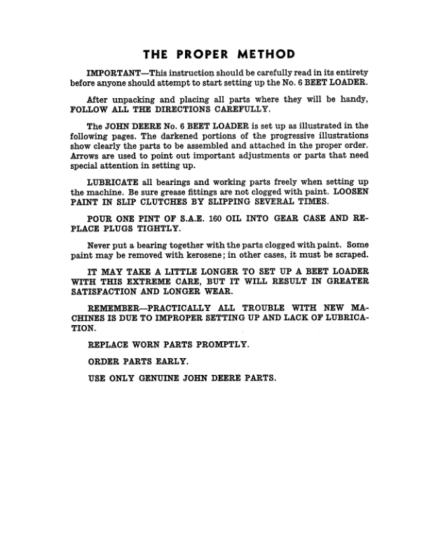 John Deere No. 6 Beet Loader Setup & Operation Operator’s Manual (DIR136A) Workshop Guide