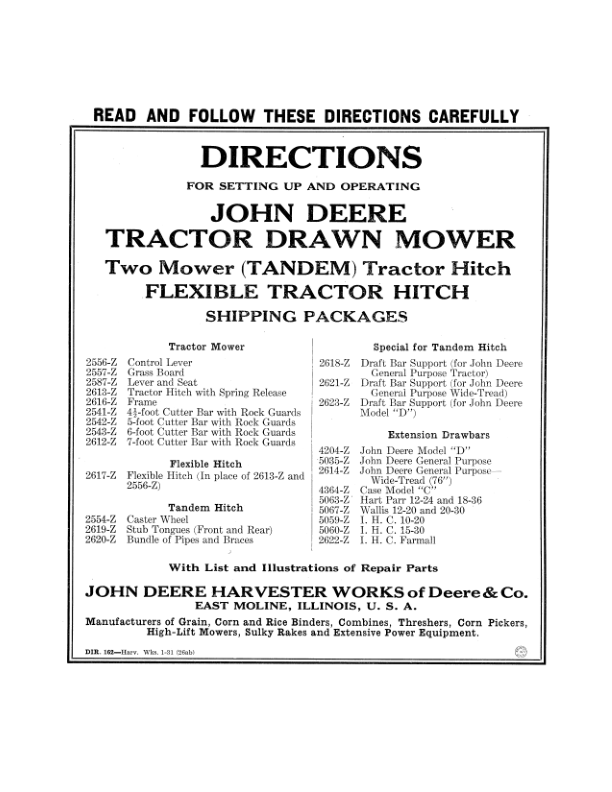 John Deere Tractor Drawn Mower Operator’s Manual (DIR162B) Workshop Guide