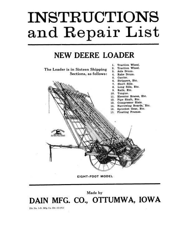 John Deere New Deere Loader – 8 Ft. Model Operator’s Manual (DIR1D) Workshop Guide