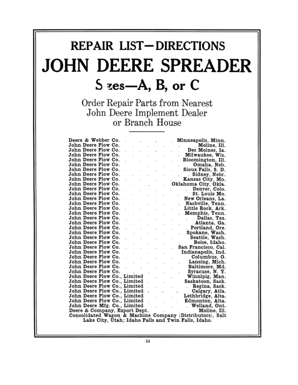 John Deere Spreader – A, B, C Sizes Operator’s Manual (DIR1G) Workshop Guide