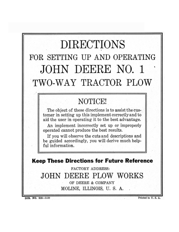 John Deere No. 1 Two-Way Tractor Plow Operator’s Manual (DIR216) Workshop Guide