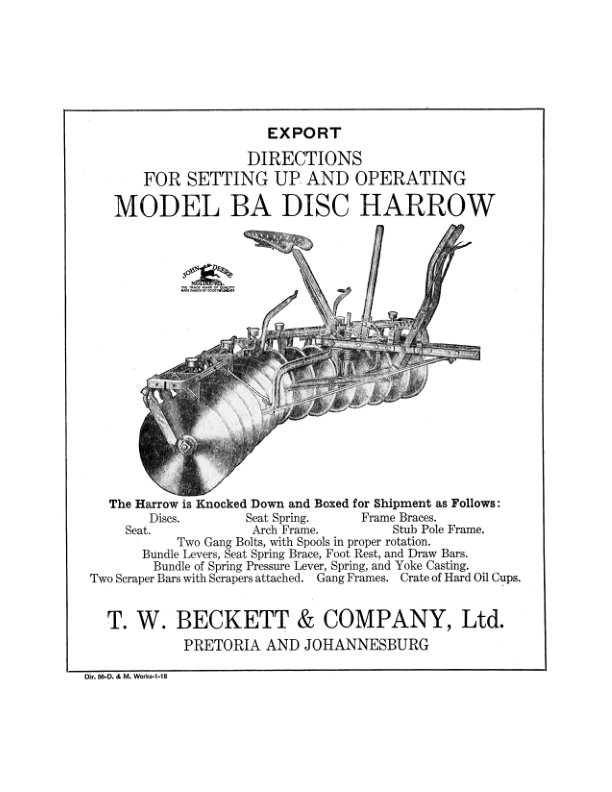 John Deere Model BA Disk Harrow Operator’s Manual (DIR56C) Workshop Guide