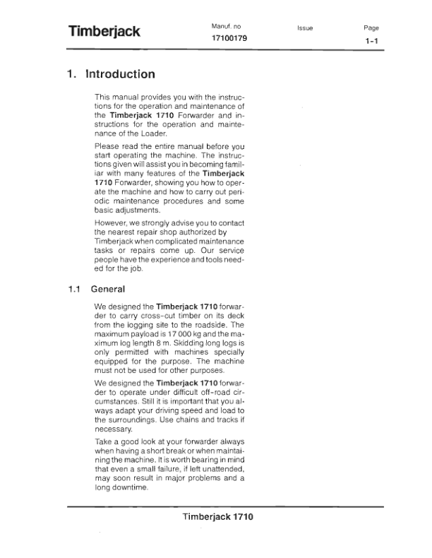 John Deere 1710D Skidders Operator’s Manuals (F01710DA) Workshop Guide