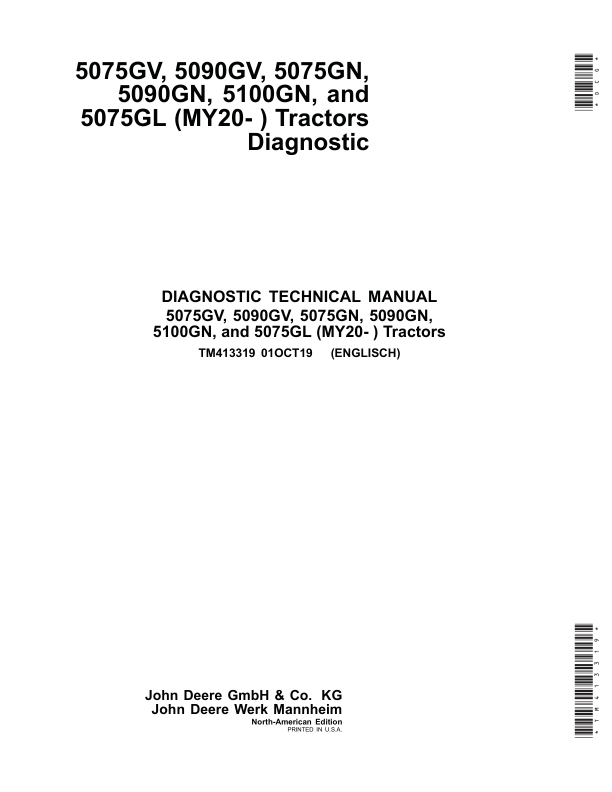 John Deere 5075GV, 5075GN, 5075GL, 5090GV, 5090GN, 5100GN Tractors Repair Manual (N.A, MY20-) Workshop Guide