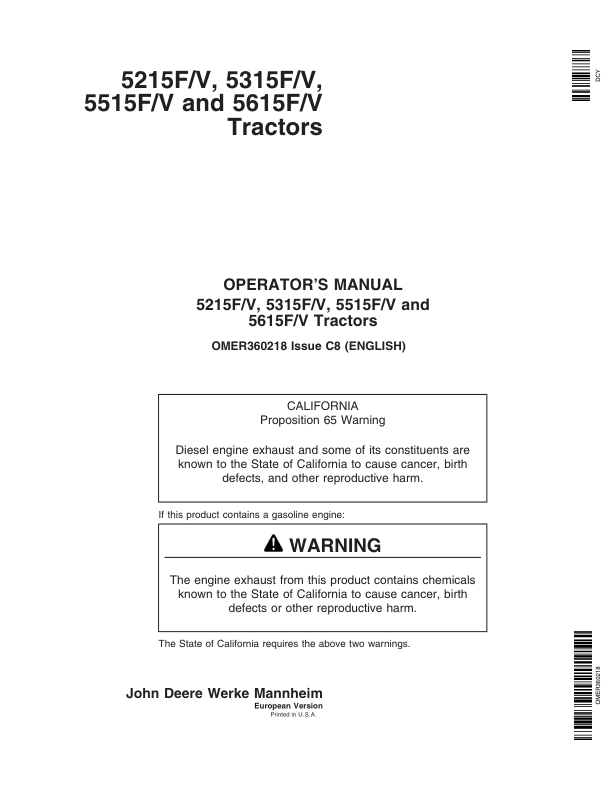 John Deere 5215F, 5215V, 5315F, 5315V, 5515F, 5515V, 5615F, 5615V Tractors Repair Manual Workshop Guide