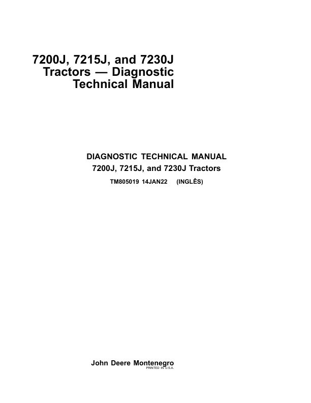 John Deere 7200J, 7215J, 7230J Tractors Service Repair Manual (TM805019 and TM805119) Workshop Guide
