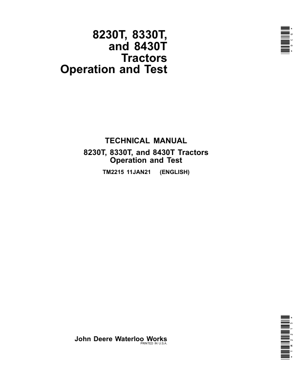 John Deere 8230T, 8330T, 8430T Tractors Repair Manual (TM2205 and TM2215) Workshop Guide