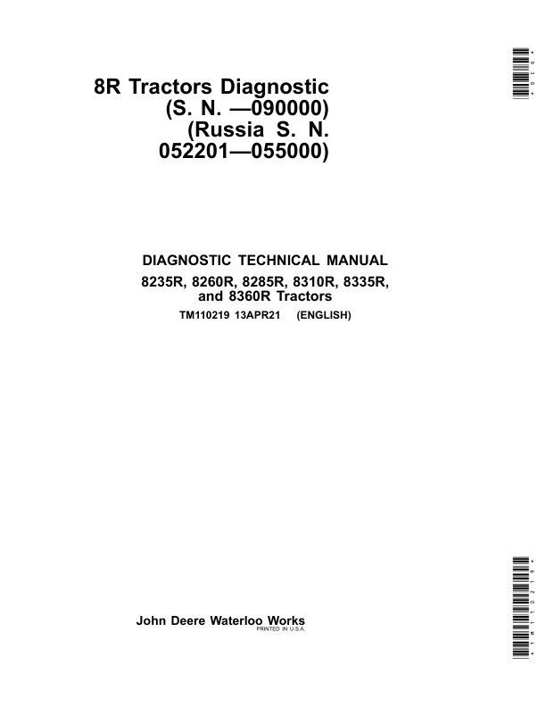 John Deere 8235R, 8260R, 8285R, 8310R, 8335R, 8360R Tractors Repair Manual (053100-090000) Workshop Guide