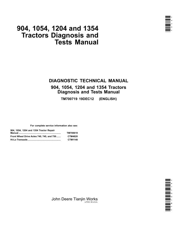 John Deere 904, 1054, 1204, 1354, 1404 Tractors Repair Manual (Asia) Workshop Guide