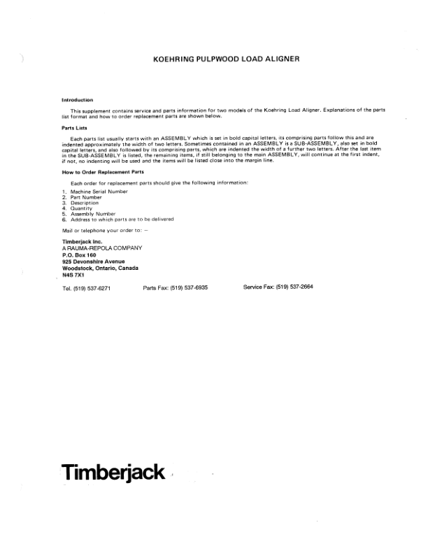 Koehring Pulpwood Load Aligners Parts Catalog Manual Workshop Guide