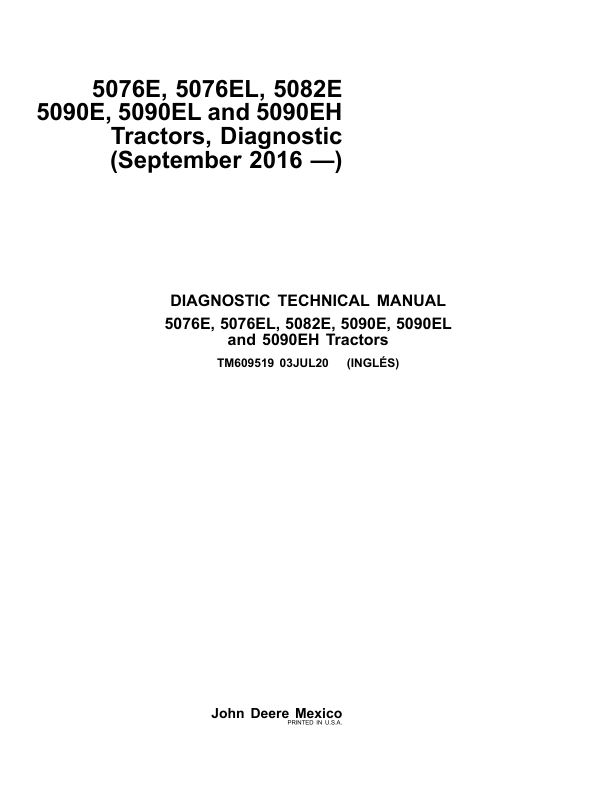 John Deere 5076E 5076EL 5082E 5090E 5090EL, 5090EH Tractors Repair Manual Workshop Guide
