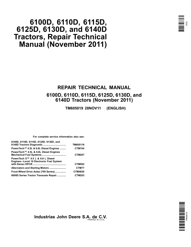 John Deere 6100D, 6110D, 6115D, 6125D, 6130D, 6140D Tractors Repair Manual Workshop Guide
