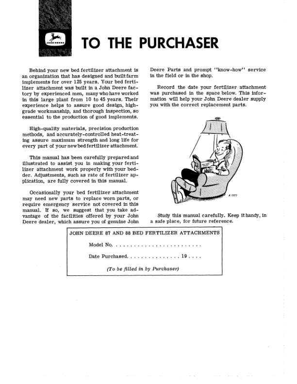 John Deere 87, 88 Fertilizer Attachments Operator’s Manual (OMA15339) Workshop Guide