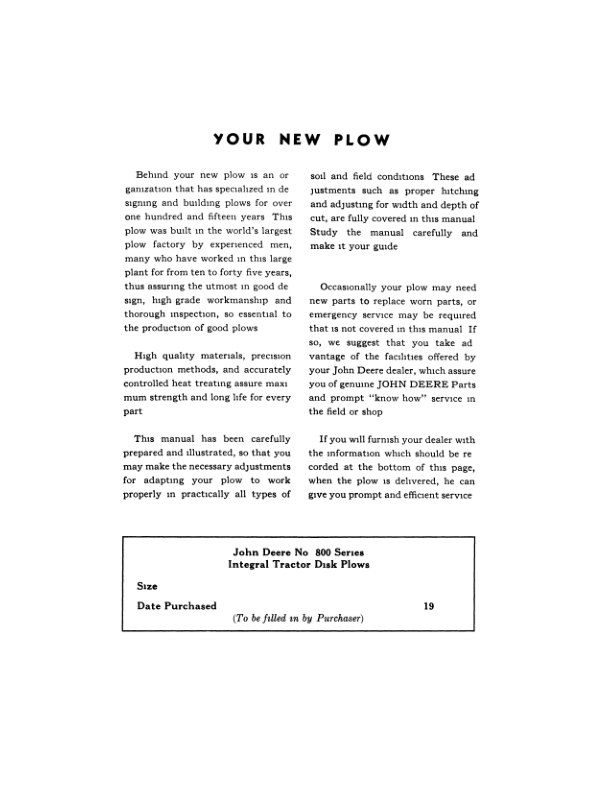 John Deere Integral 2- & 3-Furrow Tractor Disk Plows, 800 Series Operator’s Manual (OMA49756) Workshop Guide