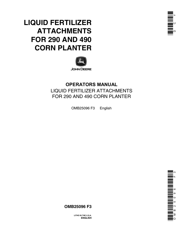 John Deere Liquid Fertilizer Attachment Planter Operator’s Manual (OMB25096) Workshop Guide