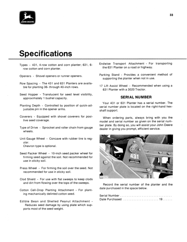 John Deere 431, 631 Cotton & Corn Planter Operator’s Manual (OMB25539) Workshop Guide