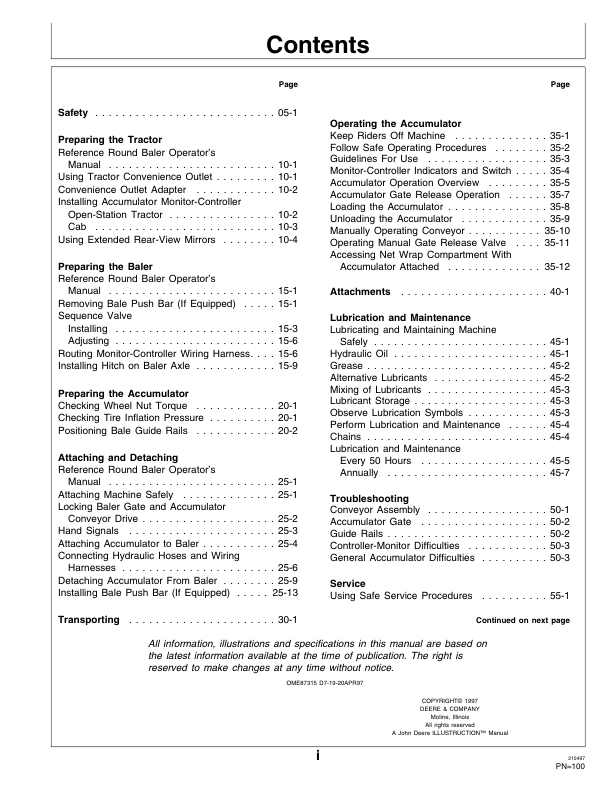 John Deere 20 Round Bale Accumulator Operator’s Manual (OME87315) Workshop Guide