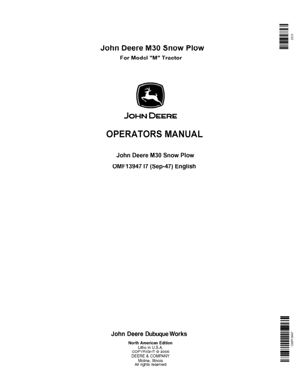 John Deere M30 Snow Plow Operator’s Manual (OMF13947) Workshop Guide