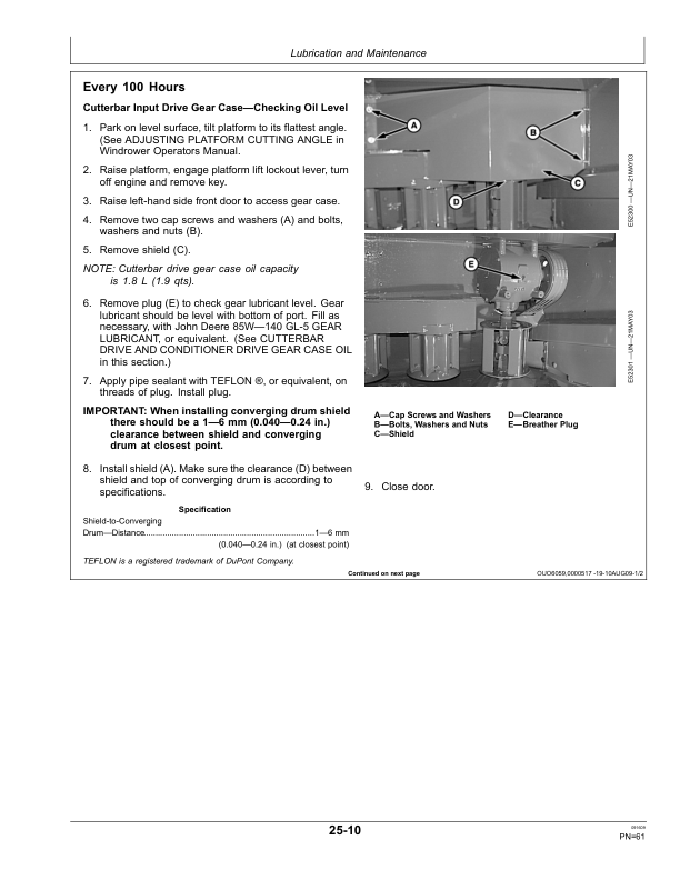 John Deere 995 Rotary Platform 5 Meter (350001-) Operator’s Manual (OMFH309673) Workshop Guide