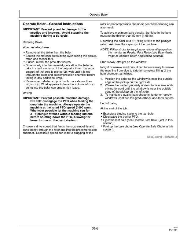 John Deere L1524, L1533 & L1534 Large Square Balers Operator’s Manual (OMFH336609) Workshop Guide