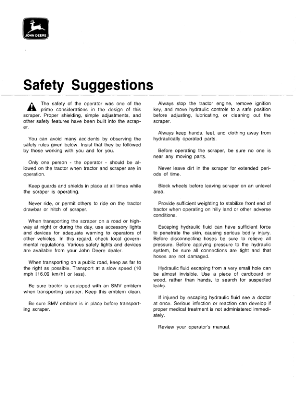 John Deere 200, 650 Hydraulic-Controlled Scraper Operator’s Manual (OMGA10481) Workshop Guide