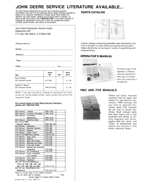 John Deere 230 Shredder-Feeder Operator’s Manual (OMGA11094) Workshop Guide