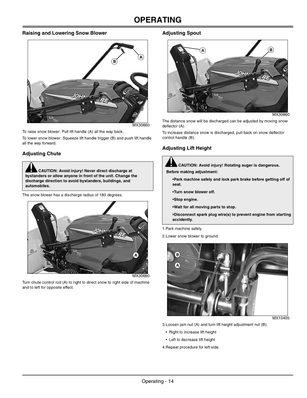 John Deere 42 Inch Snow Blower, for G110, L100, L105, L107, L108, 110, L111, L115, L118, L120, L130, LA145 Operator’s Manual (OMGX20482) Workshop Guide