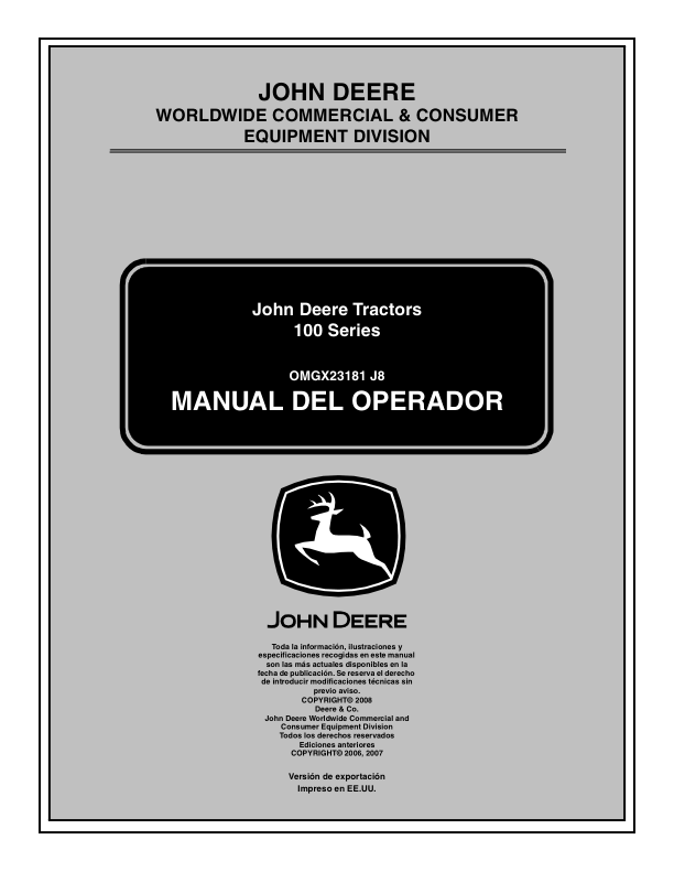 John Deere Tractors 100 Series Operator’s Manual (OMGX23181) Workshop Guide