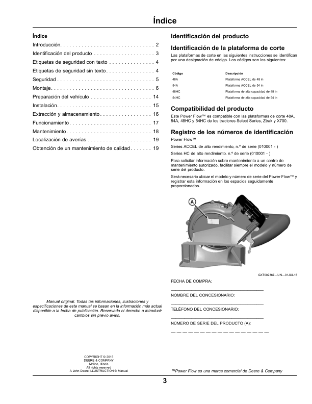 John Deere Power Flow High Performance for 48-Inch, 54-Inch Accel Deep, 48-Inch, 54-Inch High Capacity Edge Mower Decks (North American) Operator’s Manual (OMGX25292) Workshop Guide