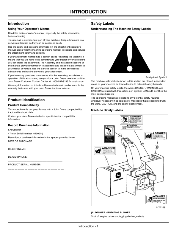 John Deere 47 Snow Blower (010001-) Operator’s Manual (OMLVU18040) Workshop Guide