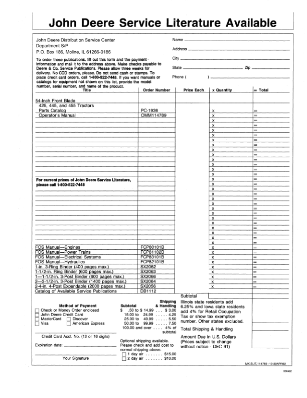 John Deere 54 Inch Front Blade (010001-040000) Operator’s Manual (OMM114789) Workshop Guide