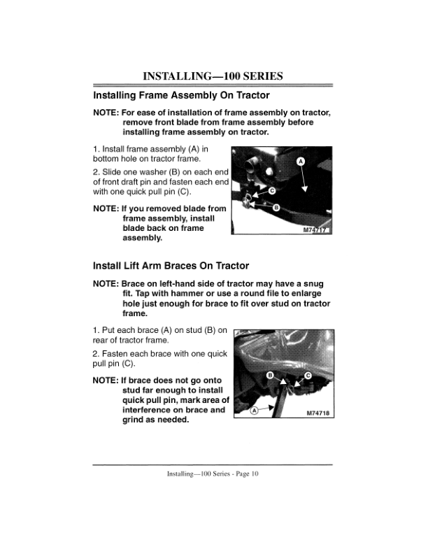 John Deere 42-Inch Front Blade for 100 Series, LX Series, GT Tractors (010001-) Operator’s Manual (OMM122515) Workshop Guide