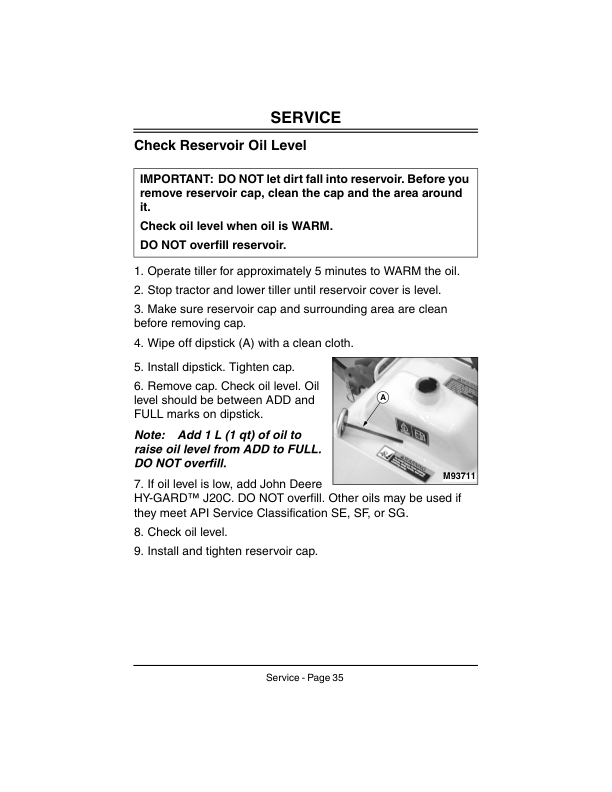 John Deere 42-Inch Hydraulic Tiller for 325, 335, 345, 355D Lawn & Garden Tractors(-025000) Operator’s Manual (OMM133433) Workshop Guide