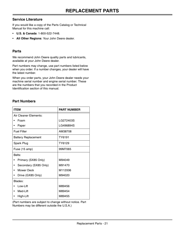 John Deere GX85 & SX85 Riding Mowers Operator’s Manual (OMM143122) Workshop Guide