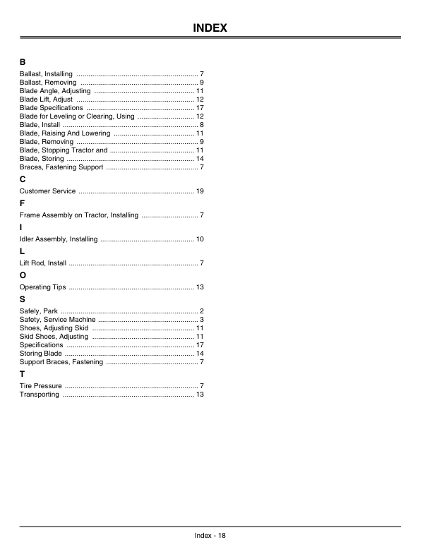 John Deere Front Blade 44-Inch (Hand-Lift) Operator’s Manual (OMM147225) Workshop Guide