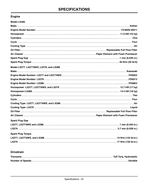 John Deere LX266, LX277, LX277AWS, LX279 & LX288 Lawn Tractors Operator’s Manual (OMM148972) Workshop Guide