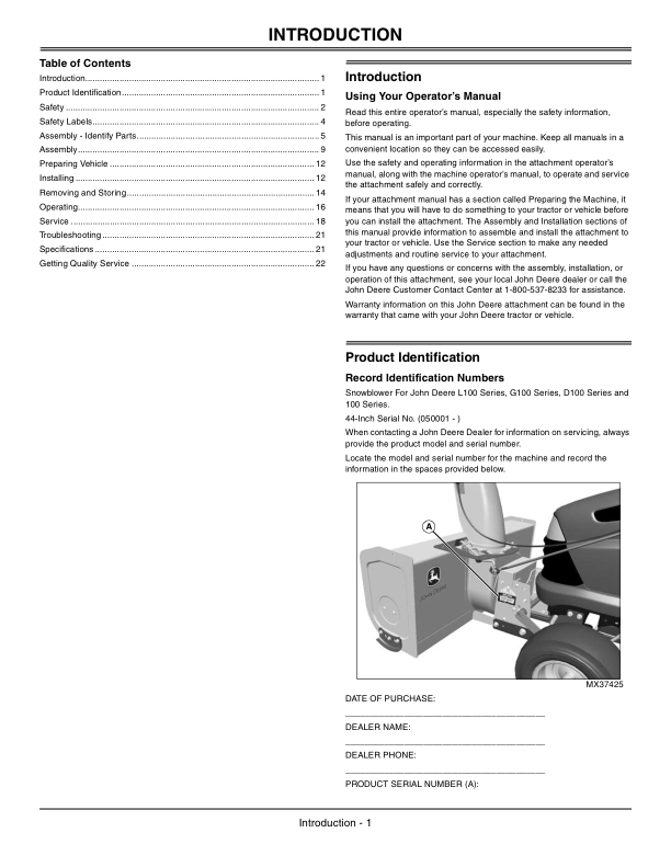 John Deere 44-Inch Snowblowers Compatible w/L100, LA, G100 & 100 Series Tractors North America (050001-080000) Operator’s Manual (OMM163342) Workshop Guide