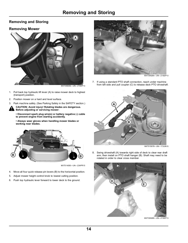 John Deere 54 & 60 In. High Capacity Mower Deck with non-greaseable, locking pin gauge wheels for X700 Series Tractors Export Edition (040001-) Operator’s Manual (OMM175657) Workshop Guide