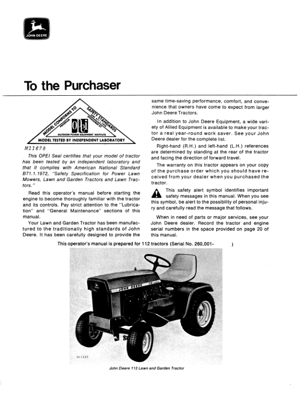 John Deere 112 Lawn & Garden Tractor (260001-) Operator’s Manual (OMM46870) Workshop Guide