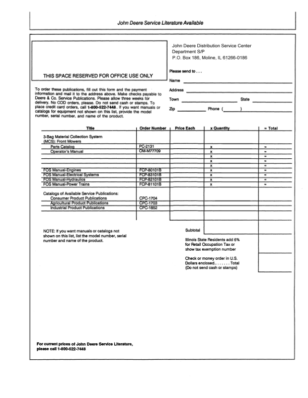 John Deere 3 Bag Material Collection System Operator’s Manual (OMM77709) Workshop Guide