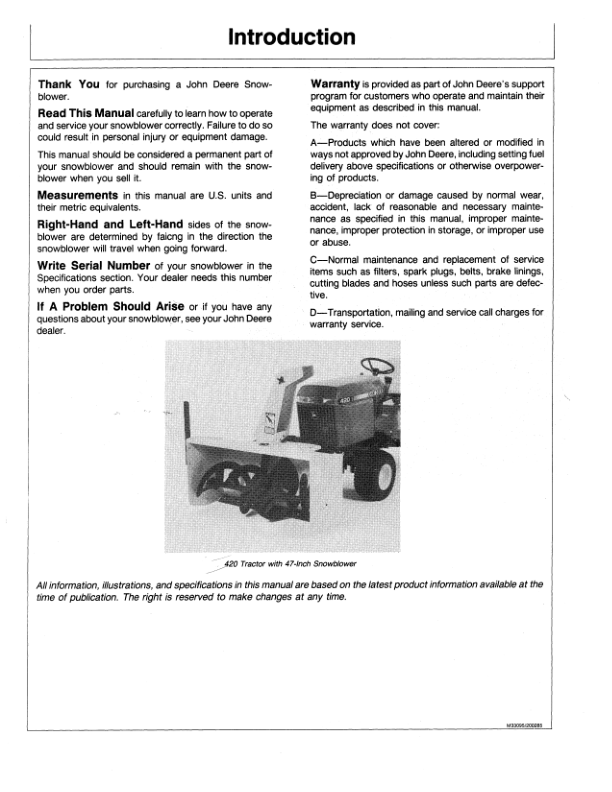 John Deere 47-Inch Snowblower (-100000) Operator’s Manual (OMM89507) Workshop Guide