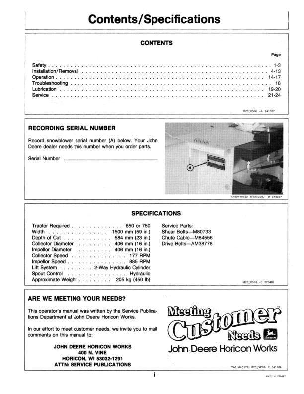 John Deere 359 Snowblower Operator’s Manual (OMM89604) Workshop Guide