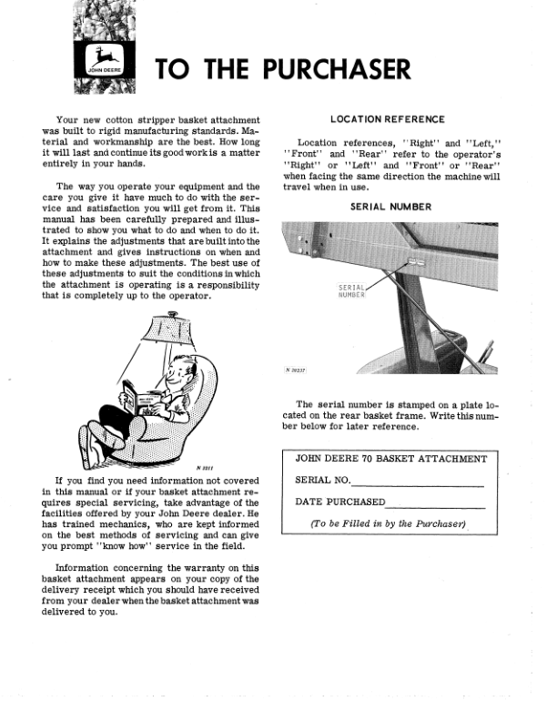 John Deere 70 Cotton Stripper, Basket Attachment Operator’s Manual (OMN159211) Workshop Guide