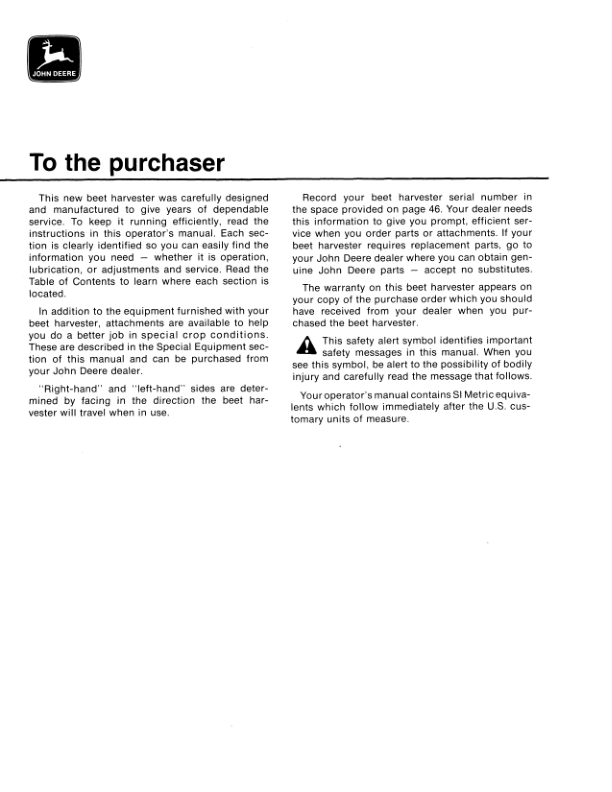 John Deere 4300 Beet Harvester Operator’s Manual (OMN159393) Workshop Guide
