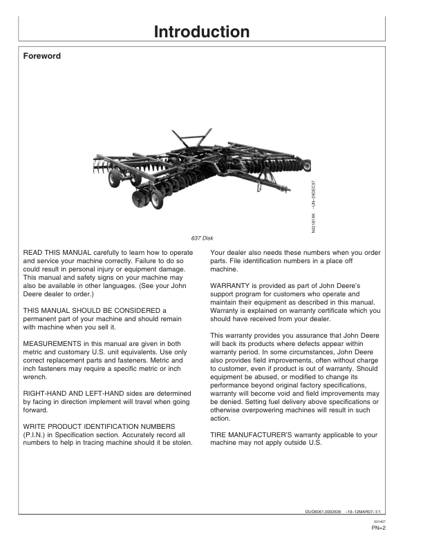 John Deere 637 Regular, Rock, BlackLand, WheatLand Disks (012000-) Operator’s Manual (OMN300629) Workshop Guide